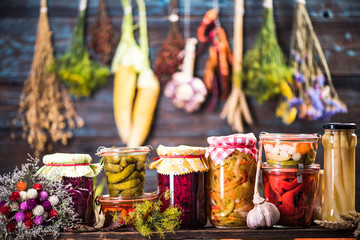 Pickled Marinated Fermented vegetables on shelves