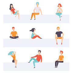 Diverse people sitting on different positions set, young faceless guys and girls in casual clothes sitting down vector Illustrations on a white background