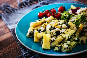 tasty pasta Rigatoni with Spinach and Goat Cheese