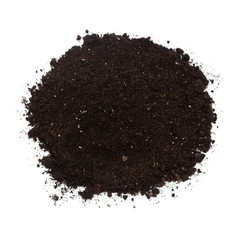 Pile of soil isolated on white background. Flat lay, top view