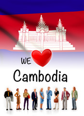 we love Cambodia, A group of people pose next to the Cambodian flag