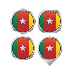Camaroon flag button and map pointer isolated on white back ground vector illustration