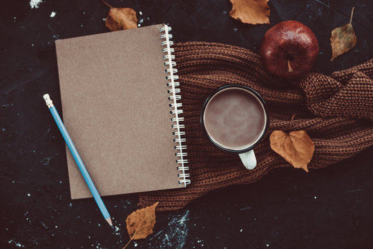 Diary, cup of hot cocoa, an apple, brown, knitted scarf and autumn leaves on a dark backgroundю Copy sapce. Cozy. Autumn concept