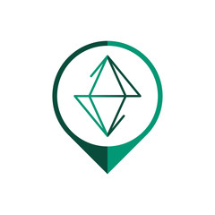 Marker with diamond logo template. Diamond in the marker emerald color. Vector illustration.