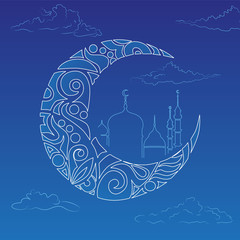 Crescent moon decorated with zentangle for muslim community festival Eid Al Fitr Mubarak. Greeting card template