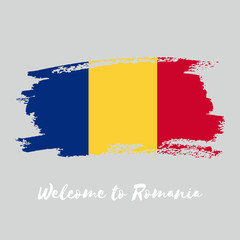 Romania vector watercolor national country flag icon. Hand drawn illustration with dry brush stains, strokes, spots isolated on gray background. Painted grunge style texture for posters, banner design