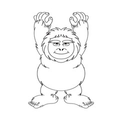 black outline happy cave man raising hands isolated on white background