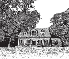 Typical Suburb House in Vintage Style. Black and white vector graphic illustration of traditional American residential building in suburban neighborhood or small town.