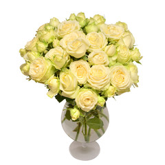 Obraz na płótnie Canvas White roses bouquet in a vase isolated on white background. Flat lay, top view. Love. Valentine's Day