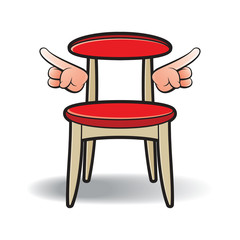 red cushioned chair with two cartoon hands on smooth shadow vector drawing