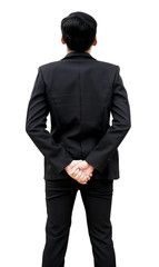 Back view of male businessman holding hands