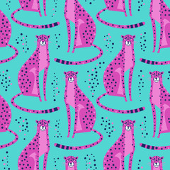 Seamless pattern with cheetahs, leopards. Repeated exotic wild pink cats on a turquoise background. Vector illustration