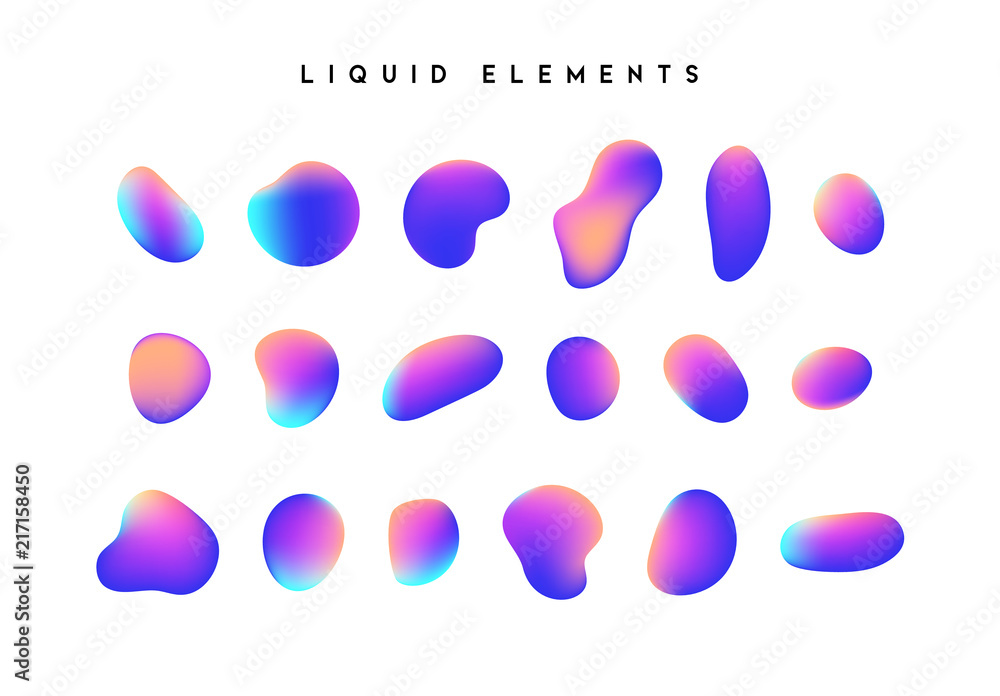 Poster gradient iridescent shapes. set isolated liquid elements of holographic chameleon design palette of 