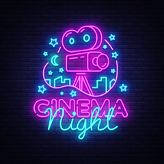 Obraz premium Cinema Night Neon Logo Vector. Movie Night neon sign, design template, modern trend design, night neon signboard, night light advertising, light banner, light art. Vector illustration