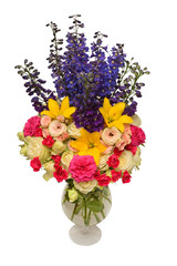 Bouquet of beautiful flowers roses, lilies and delphinium elatum in vase isolated on white background. Floral pattern composition. Flat lay, top view. Still life