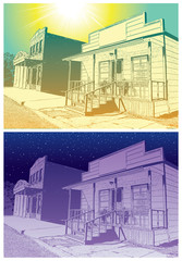 Typical Suburb House in Vintage Style - Day and Night View. Beautiful vector graphic illustration of traditional American residential building in suburban neighborhood or small town.