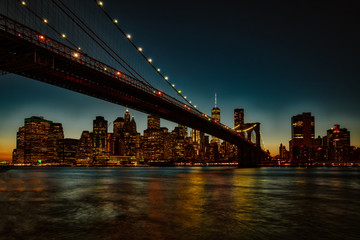 Brooklyn Bridge, seen from Dumbo Park after sunset, during the 