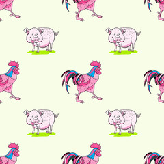 pig and rooster seamless pattern