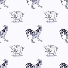 pig and rooster seamless pattern