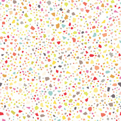 Fototapeta na wymiar vector seamless colorful and bright terrazzo confetti pattern background on white background. Ideal for textile, stationery, packaging, backdrops and wrapping paper