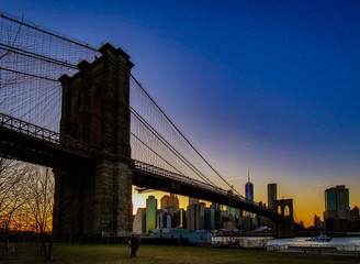 Brooklyn Bridge, seen from Dumbo Park after sunset, during the "Blue Hour"
