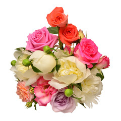 Beautiful bouquet flowers of roses and peonies isolated on a white background. Flat lay, top view. Love. Valentine's Day