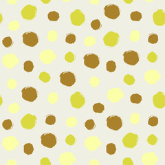 Fototapeta na wymiar Pastel powder golden, yellow, chartreuse, brown watercolor hand painted polka dot seamless pattern on beige background. Acrylic ink circles, confetti round texture. Vector illustration, fabric textile