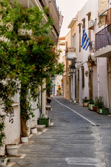 Beautiful street in Rethymno in the evening time. Crete island, Greece.