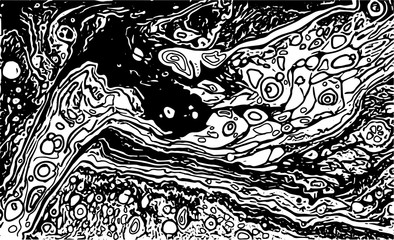 Black and white liquid texture. Hand drawn marbling illustration. Abstract vector background. Monochrome marble pattern.