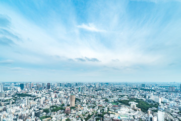 Asia Business concept for real estate and corporate construction - panoramic modern city skyline bird eye aerial view of vivid blue sky in Roppongi Hill, Tokyo, Japan