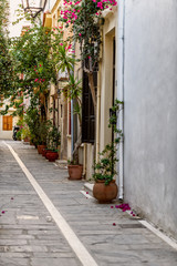 Fototapeta na wymiar Beautiful street in Rethymno in the evening time. Crete island, Greece.