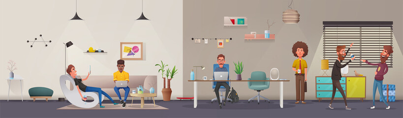 Office interior. Modern apartment scandinavian or loft design. Cartoon vector illustration