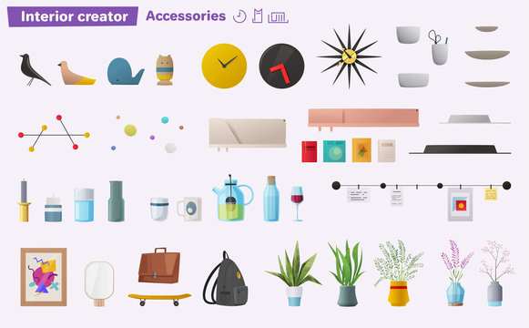 Set of accessories for home interior. Cartoon vector illustration