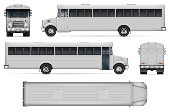 Correction bus vector mockup on white background with side, front, back, and top view. All elements in the groups on separate layers for easy editing and recolor