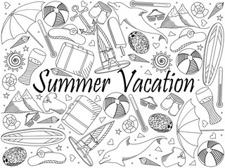 Line art objects on a white background. Theme of travel, summer vacation. Vector over white background