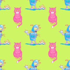 cat and broken robot seamless pattern