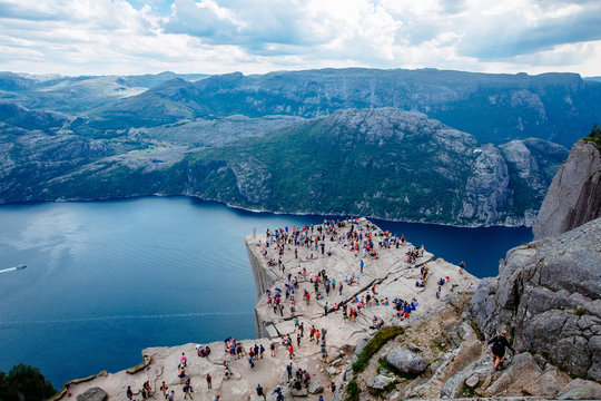 Preikestolen or Prekestolen or Pulpit Rock aerial panoramic view, Norway. Preikestolen is a steep cliff which rises above the Lysefjord.