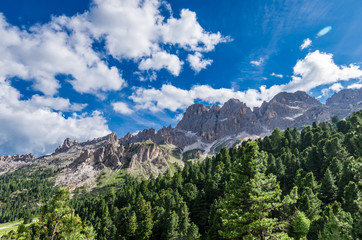 Rosengarten Catinaccio massif, Dolomites, Italy. Spectacular view in Val di Vajolet, Dolomiti mountains, Alto Adige, South Tyrol