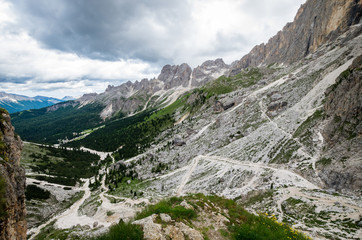 Fototapeta na wymiar Rosengarten Catinaccio massif, Dolomites, Italy. Spectacular view in Val di Vajolet, Dolomiti mountains, Alto Adige, South Tyrol