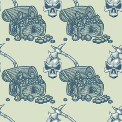 treasure chest and skull with axe in it seamless pattern