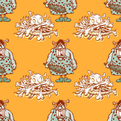 barbaric ancient woman and skeleton bones seamless pattern