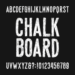 Chalk board alphabet font. Hand drawn damaged sans serif letters, numbers and symbols. Stock vector typeface.