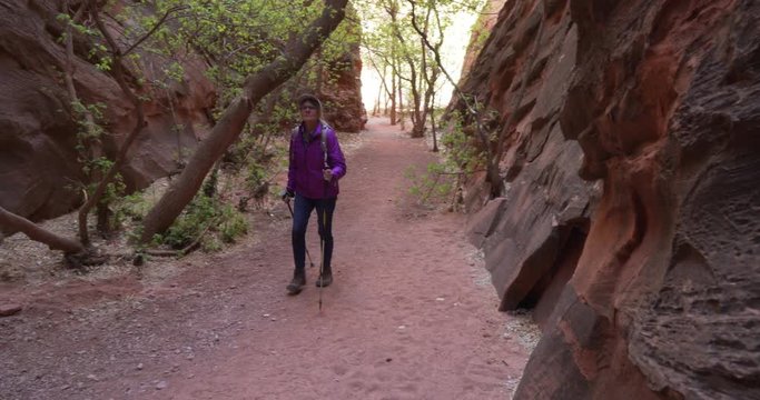 Old female explorer hiking into red sandstone canyon in Zion Utah