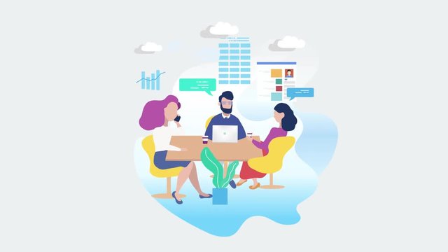 Business co working process video. Three people make conversation and work together and eat healthy food animation. Open space office. Man, girl, students, chair, cafe, food court. stock footage