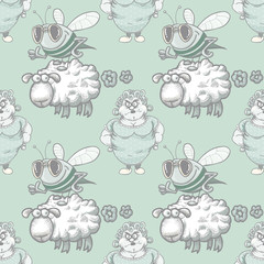 housewife, bee and farting sheep seamless pattern