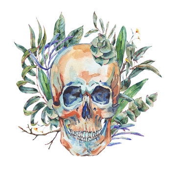 Watercolor vintage skull with green tropical leaves