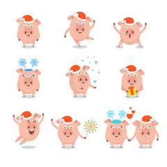 Set of funny merry pig in Santa Claus hat, a character for greeting cards and advertising for Christmas and New Year.