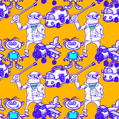 grandpa, kid, bus and airplane seamless pattern