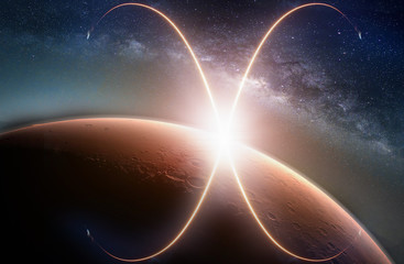 Landscape with Milky way galaxy. Sunrise and Planet view from space with Milky way galaxy. (Elements of this image furnished by NASA)