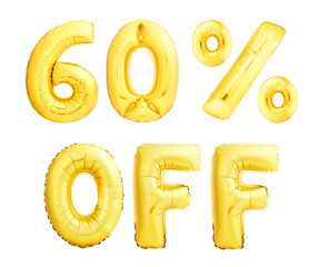 Sixty percent off discount sign made of golden inflatable balloons isolated on white background